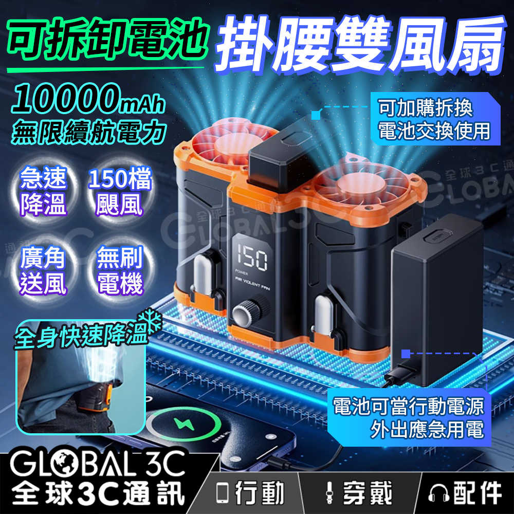 可換電池 掛腰 雙風扇 10000mAh 廣角送風 持久續航 急速降溫 四核雙風扇 涼感 戶外風扇 隨身風扇 降溫神器