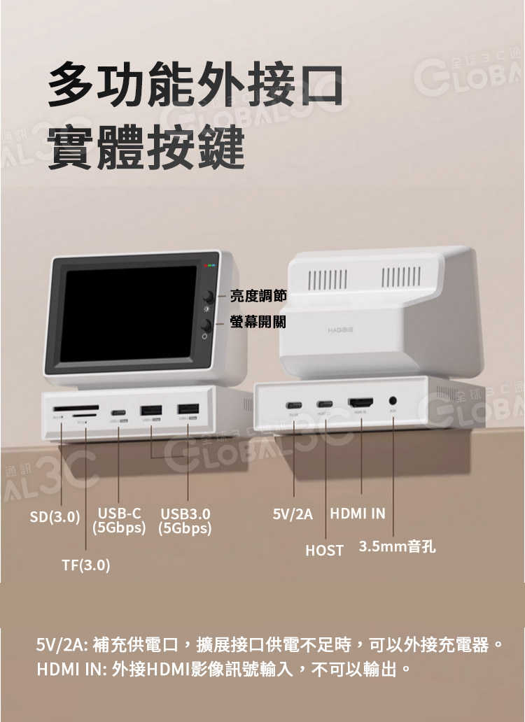 3.5吋IPS顯示螢幕擴展塢 HDMI/DP輸入 多接口擴充 1920*1080  螢幕開關 亮度調節