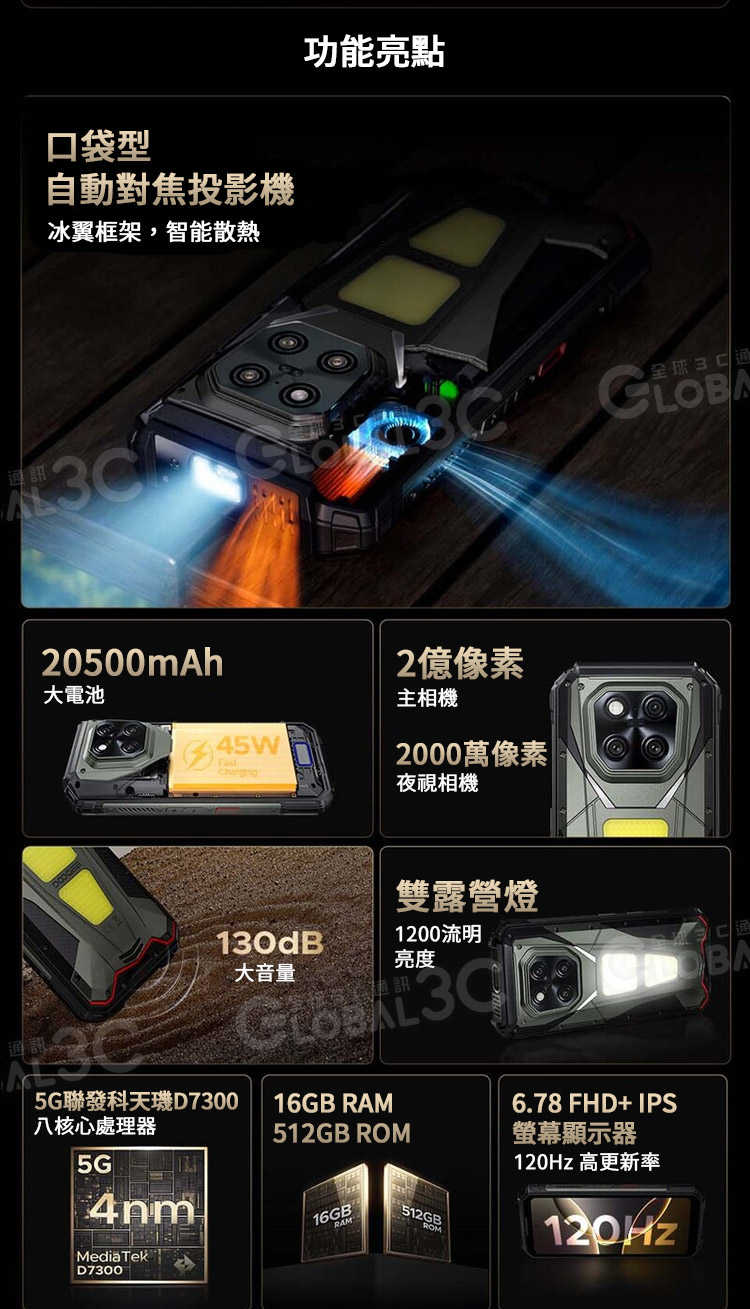 DOOGEE V Max Play 5G 投影機 三防手機 全配版 20500mAh 雙露營燈 36+512GB