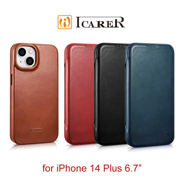 【愛瘋潮】ICARER 博大曲風 iPhone 14 Plus 6.7吋 磁吸側掀內插卡 手工真皮皮套