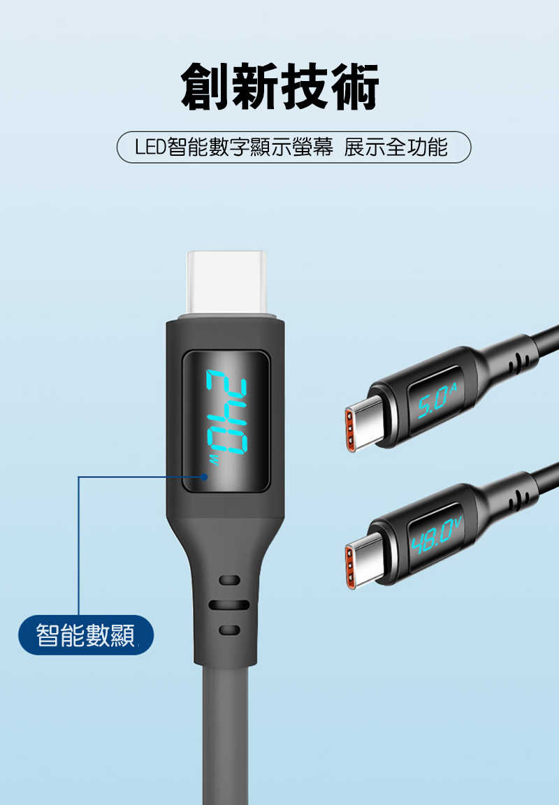 快充線 USB Type-C to C USB4 8K Thunderbolt 4 數顯充電傳輸線(240W)0.5M