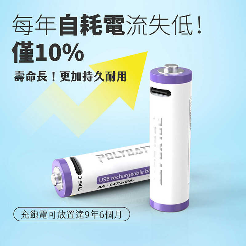 POLYBATT 4號 AAA 1.5V USB 充電式鋰電池(750mWh) 循環電池 環保 通過多重認證 使用安全有