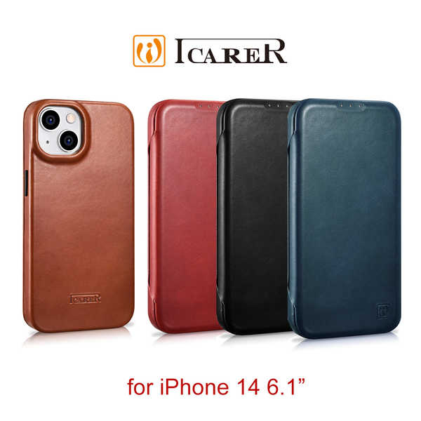 【愛瘋潮】ICARER 博大曲風 iPhone 14 6.1吋 磁吸側掀內插卡 手工真皮皮套