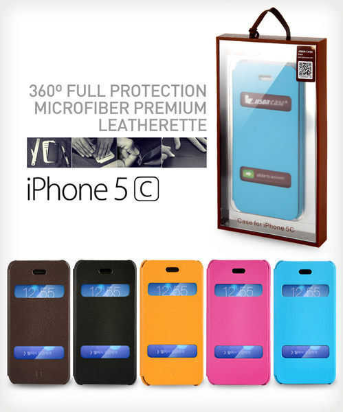 【愛瘋潮】JisonCase Apple iPhone 5C 專用 超纖左翻吸盤雙視窗皮套 保護套