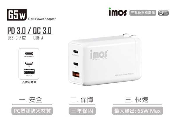 【愛瘋潮】 預購品 三年保固imos PD 65W 3.0/QC 3.0 三孔快充充電器 旅充頭