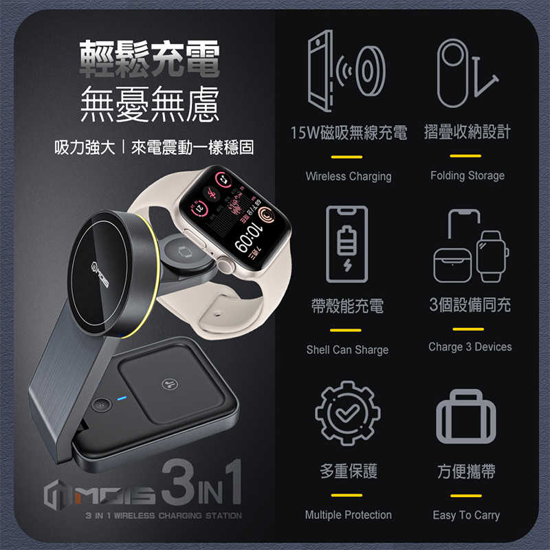 MOIS 摩世 三合一磁吸無線充電座 iPhone MagSafe AirPods Pro Apple Watch 手錶