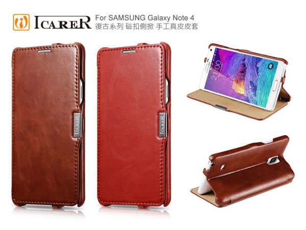 【現貨】ICARER 復古系列 SAMSUNG Galaxy Note4 磁扣側掀 手工真皮皮套 手