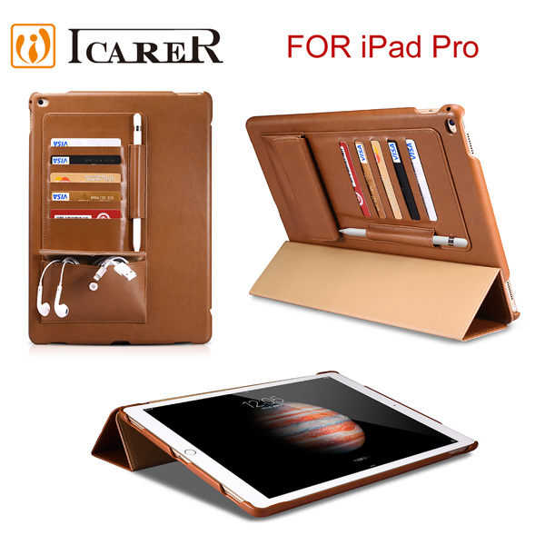 【愛瘋潮】ICARER 商務插卡 iPad Pro 三折站立 手工皮套