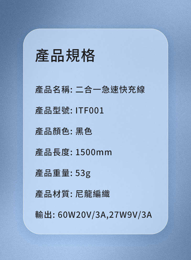 一年保固 快充線 I.T.F ITF001 二合一急速快充線 Lightning Type-C 充電線 數據線 傳輸線【