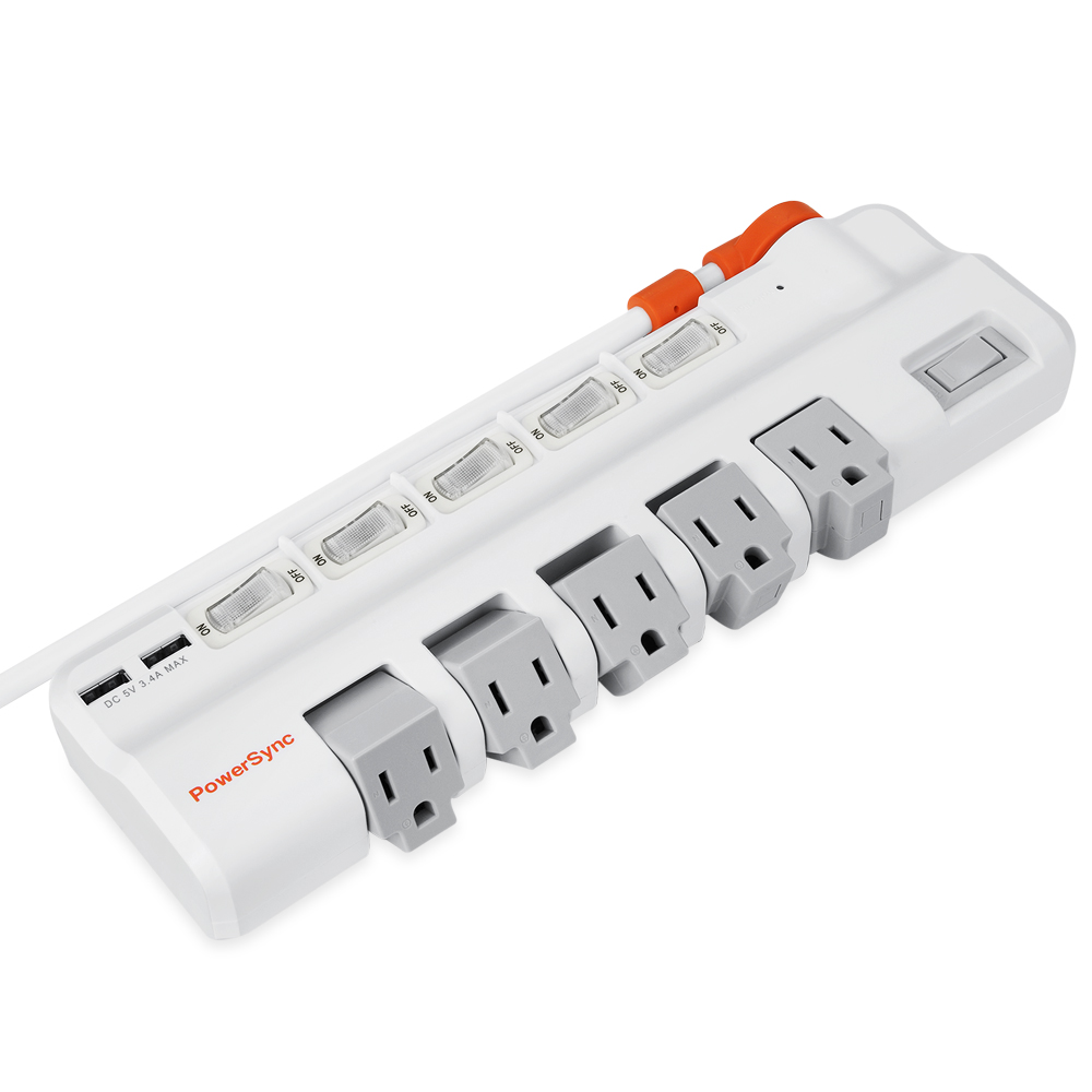 6開5插2埠USB防雷抗搖擺旋轉延長線 1.8M 白