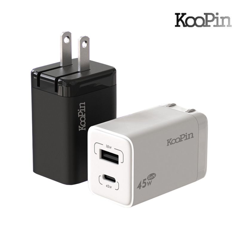 KooPin USB-C/PD+USB A氮化鎵 PD+QC快充充電器(45W) 快充頭 迷你便攜 雙孔設計 可折疊