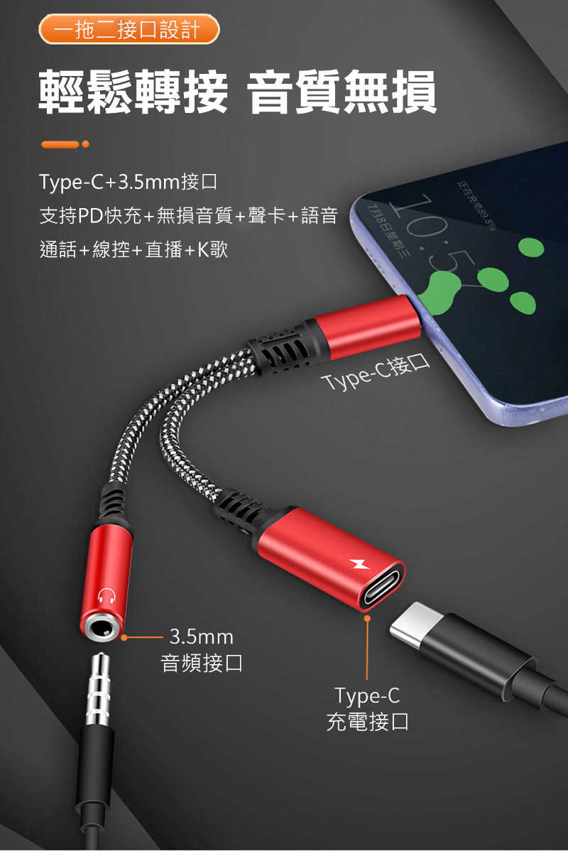 MiraScreen Type-C to Type-C+3.5mm 可充電音源轉接線 音源線 耳機線 數位解碼 高相容性