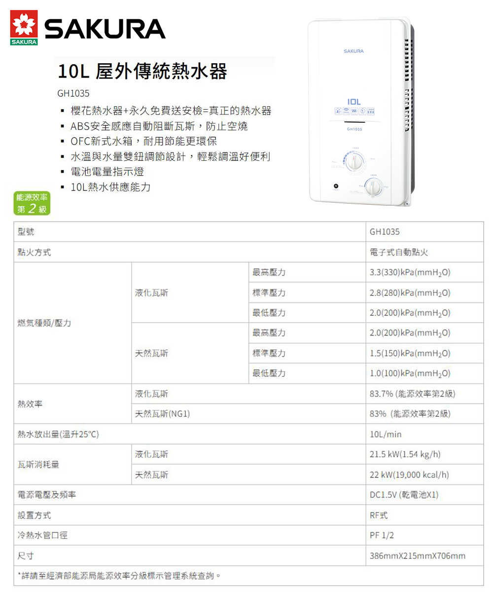 【SAKURA 櫻花】10L屋外型ABS防空燒熱水器 GH1035(原廠保固 基本安裝)