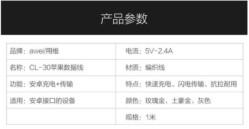 【保固一年 】 Awei 用維  CL-30 安卓 android 充電線 傳輸線 USB 數據線 編織線  數據線快充