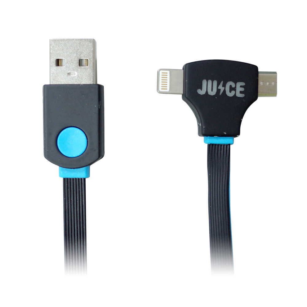 JUICE (T2151) 2A高速(Micro+iPhone)2合1充電傳輸線(黑藍扁線T字1.5m)■買一送一