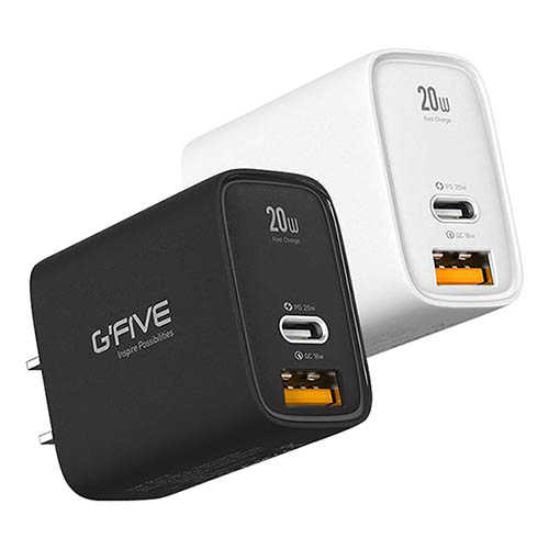 【送GF-66AC編織傳充線】G-FIVE 基伍 GF-U126 (USB-A+TypeC) 20W雙孔氮化鎵快速充電器