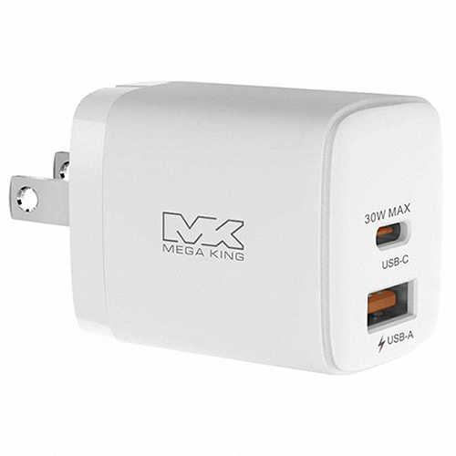 【送二合一傳充編織線】MEGA KING 30W氮化鎵雙孔摺疊旅充頭(1C1A)