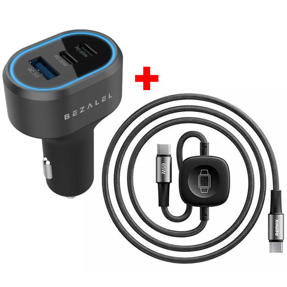 【APPLE iPhone/watch 車充組】BEZALEL 倍加能 85W 三孔快充車用充電器+ Remax C31 無線充二合一充電線