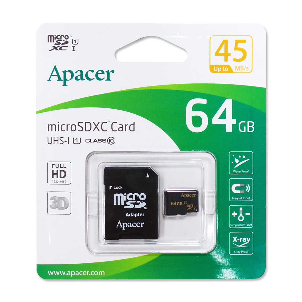 Apacer microSDXC 64G記憶卡(UHS-I C10)附SD轉卡OTR-008-1