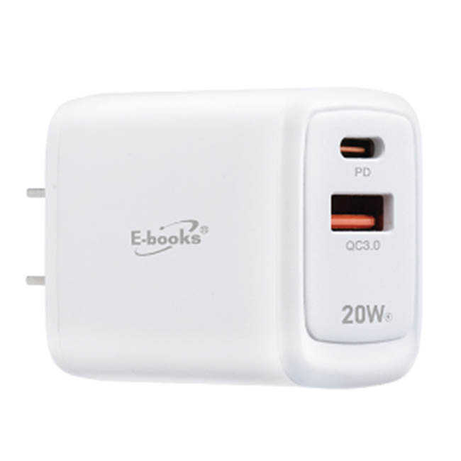 【贈品二選一】E-books B111 智能穩壓 20W PD+QC3.0雙孔快速充電器