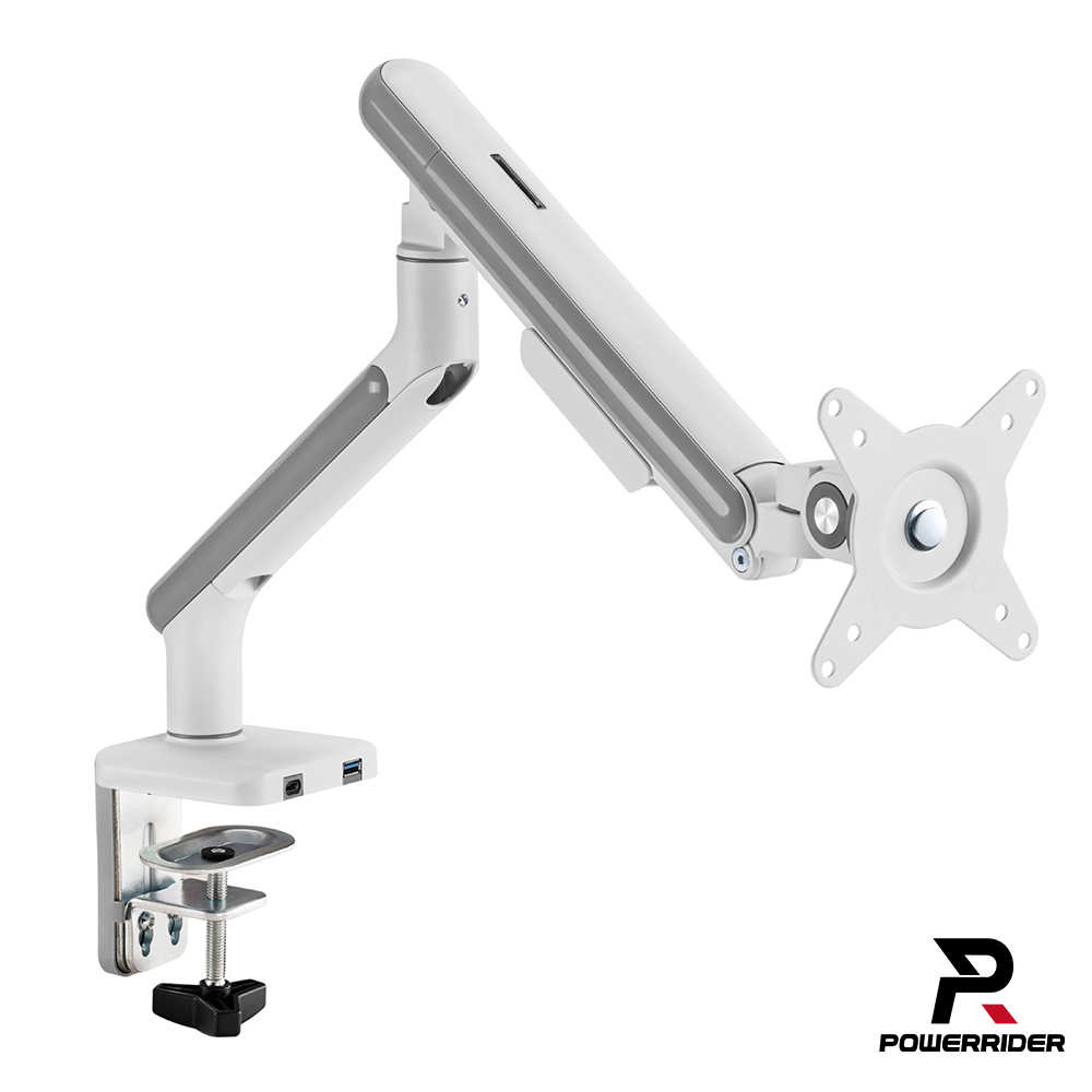 強強滾優選~【PowerRider】 T68-C12UC 金屬氣壓彈簧自由懸停螢幕17-32吋USB手臂支架(白色)