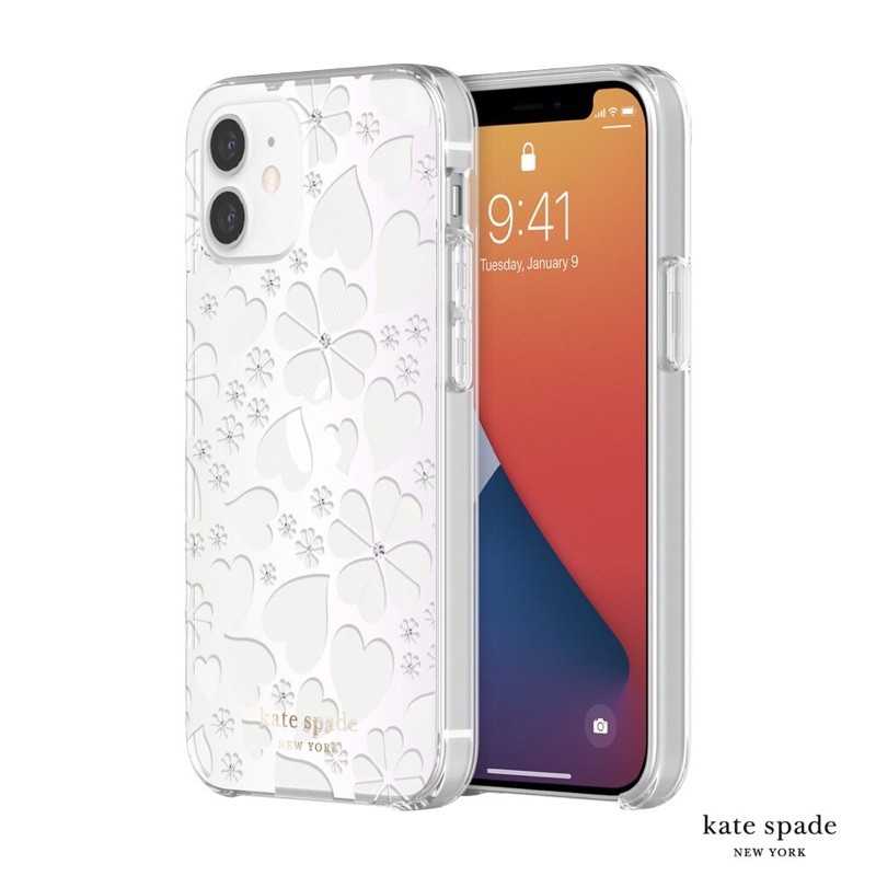 強強滾-Kate Spade iPhone 12mini5.4吋愛心/幸運草+白色鑲鑽透明殼