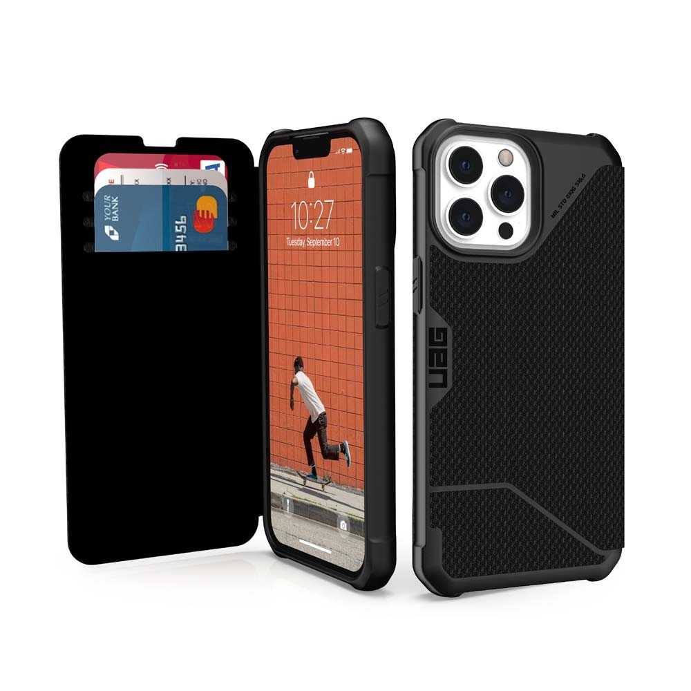 UAG iPhone 13 Pro Max 翻蓋式耐衝擊保護殼-軍用黑/皮革黑