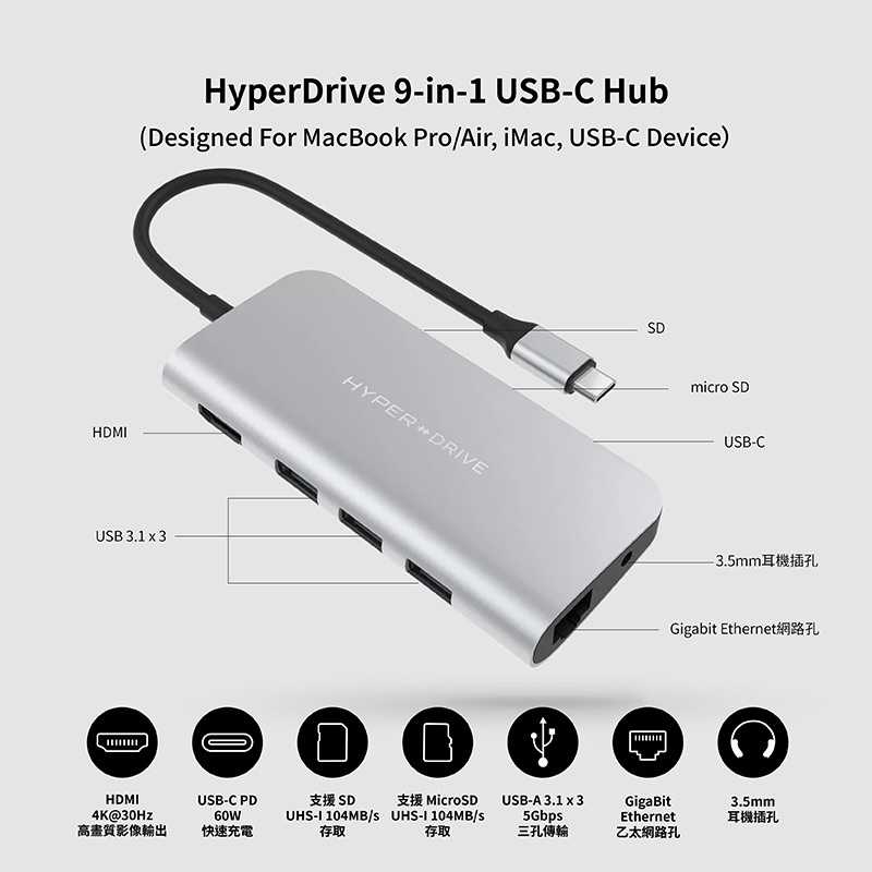 強強滾-HyperDrive 9-in-1 USB-C 集線器- 2色