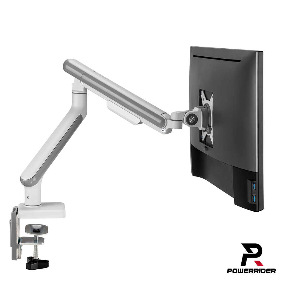 強強滾優選~【PowerRider】 T68-C12UC 金屬氣壓彈簧自由懸停螢幕17-32吋USB手臂支架(白色)