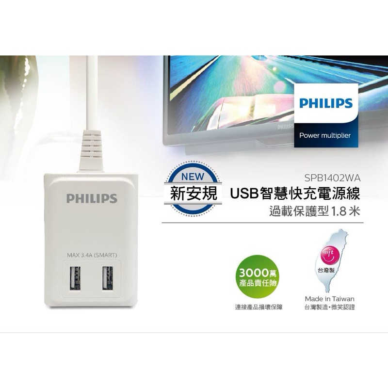 強強滾生活 PHILIPS 飛利浦 USB智慧快充電源線1.8M (6尺) SPB1402WA/96