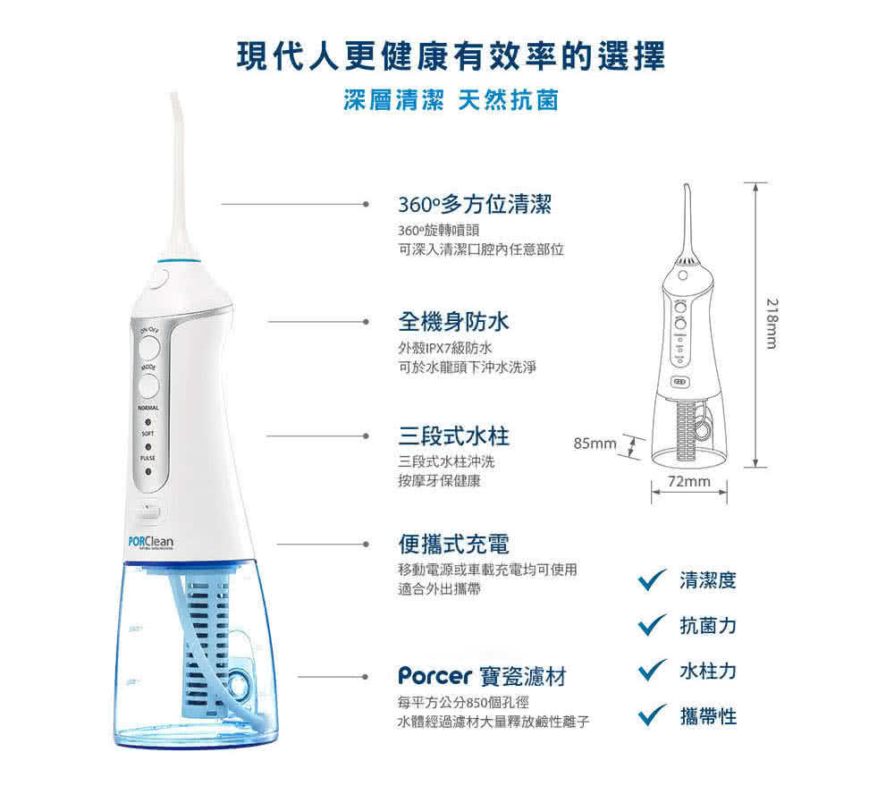 PORClean 寶可齡 攜帶型充電式天然抗菌沖牙機MD-20 洗牙 刷牙 大全配 ipx7 濾芯x3+噴嘴x4 強強滾