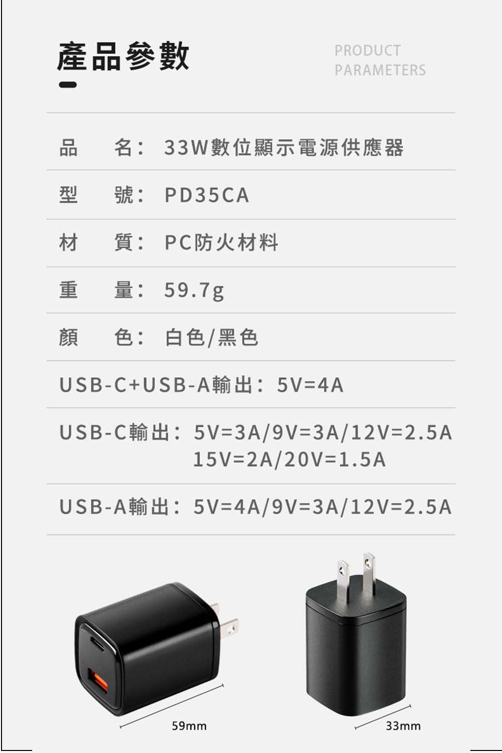 強強滾優選~【PowerRider】PD35CA 33W數位顯示PD+QC3.0電源供應器