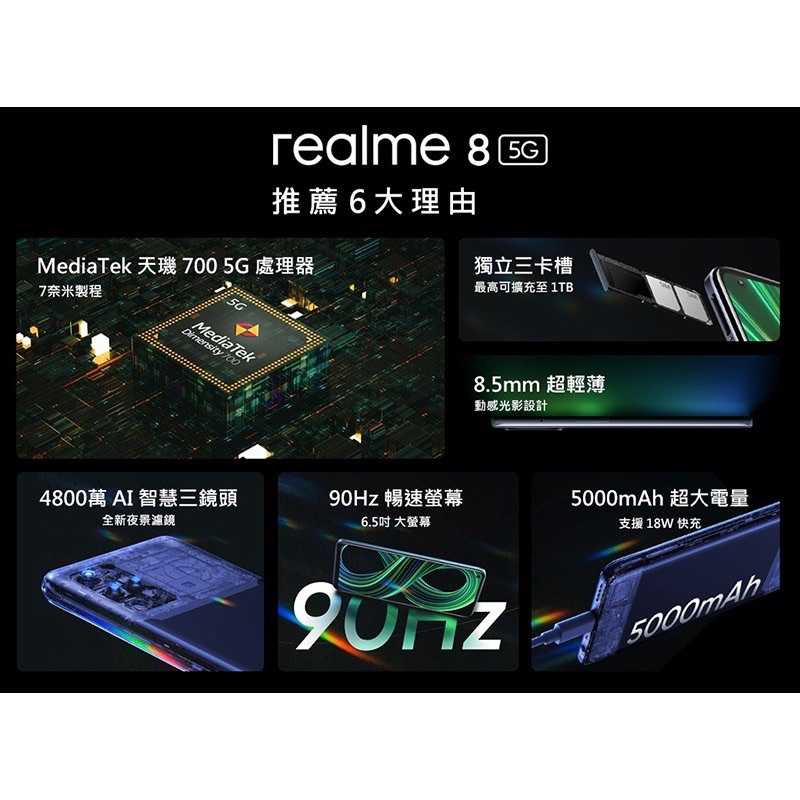 全新 Realme 8 8g/128G RMX3241 黑/藍 (6.5吋、5G、八核心、大電量、現貨)
