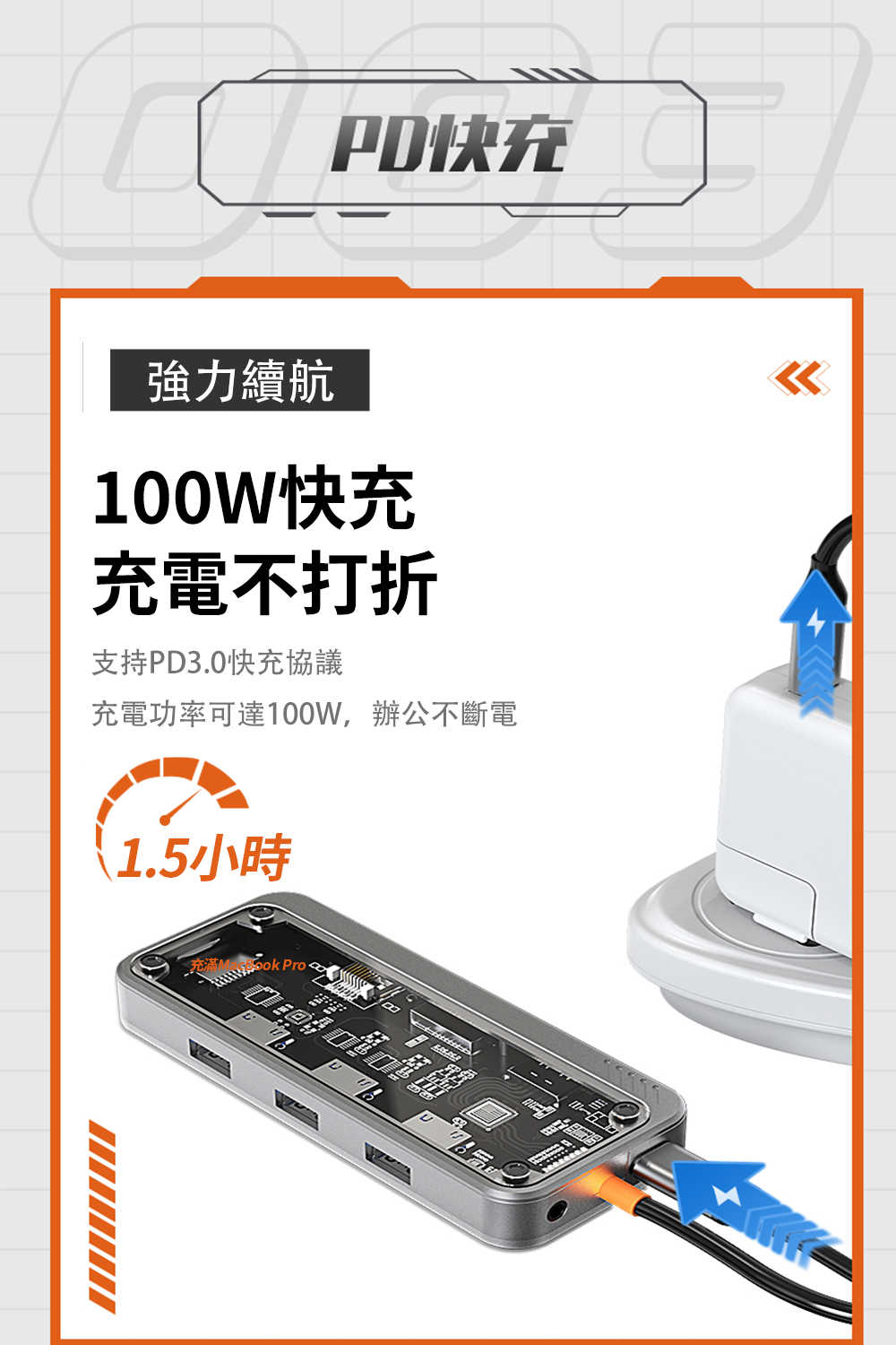 強強滾優選~【PowerRider】十合一PD100W透明機甲集線器-銀灰