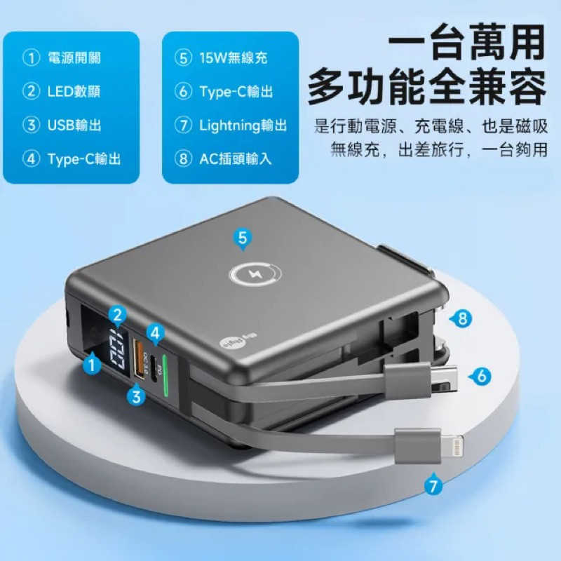 強強滾生活 【MyStyle】WPB01數顯行動電源10000mAh+充電頭+15W磁吸式無線+五輸出