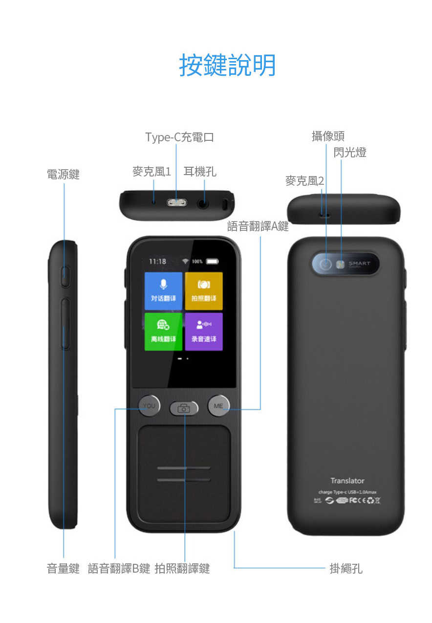 強強滾優選~【口袋AI】雙向翻譯機WIFI版 138國語言翻譯 16種離線翻譯 44種拍照翻譯-黑色