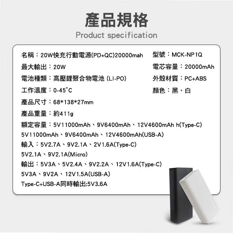 強強滾優選~ MCK 20W PD+QC3.0 快充行動電源20000mAh
