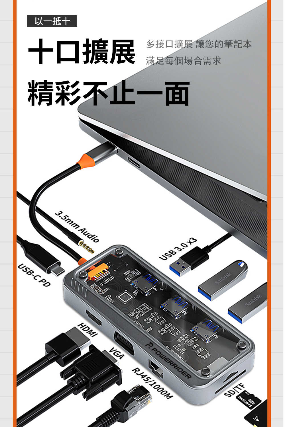 強強滾優選~【PowerRider】十合一PD100W透明機甲集線器-銀灰