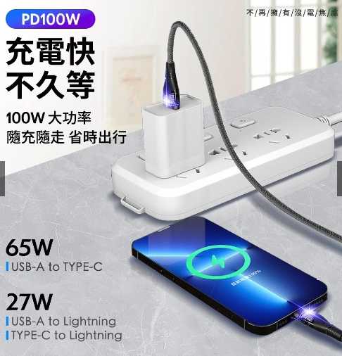 強強滾優選~ NISDA 騎士系列100W充電線 編織耐折+透明LED+加長SR數據線 內建E-Mark晶片支援閃充快充