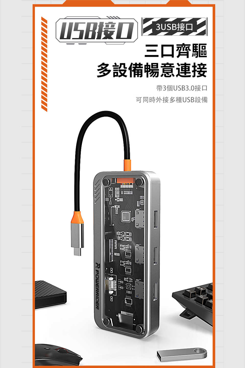 強強滾優選~【PowerRider】十合一PD100W透明機甲集線器-銀灰