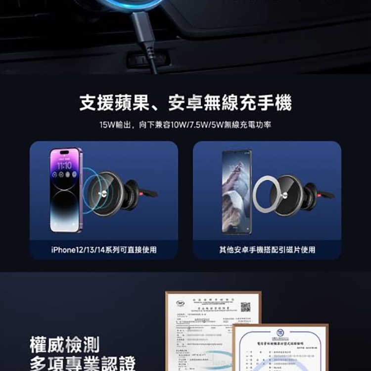 強強滾優選~ MyStyle 15W磁吸MagSafe無線充車架+專利萬用可調式固定勾+環形科技氣氛燈
