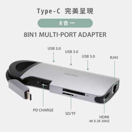 強強滾~Opro9 USB 3.0 Type-C 8埠帶線多功能轉接器