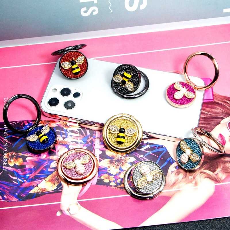 強強滾-手機指環支架,手機指環握柄,360 度旋轉,水晶石琺瑯蜜蜂(藍色)