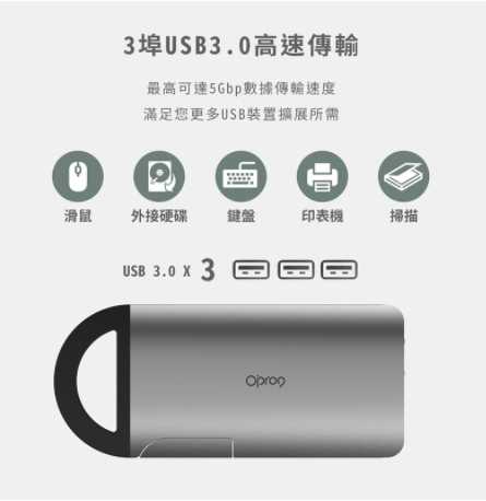 強強滾~Opro9 USB 3.0 Type-C 8埠帶線多功能轉接器