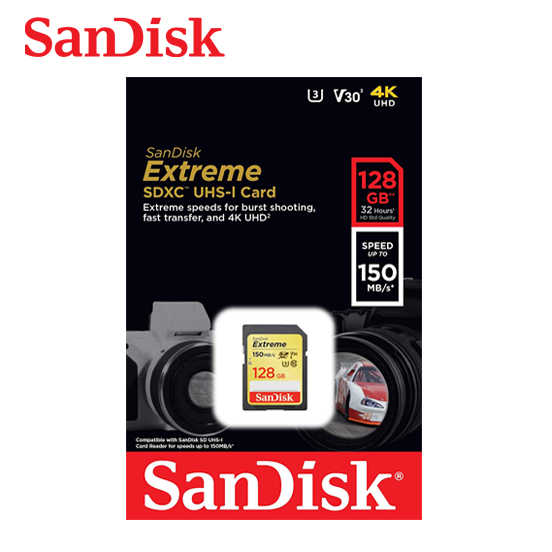 SANDISK 128G V30 Extreme SD UHS-I U3 速度高達 150MB /s 相機專用記憶卡
