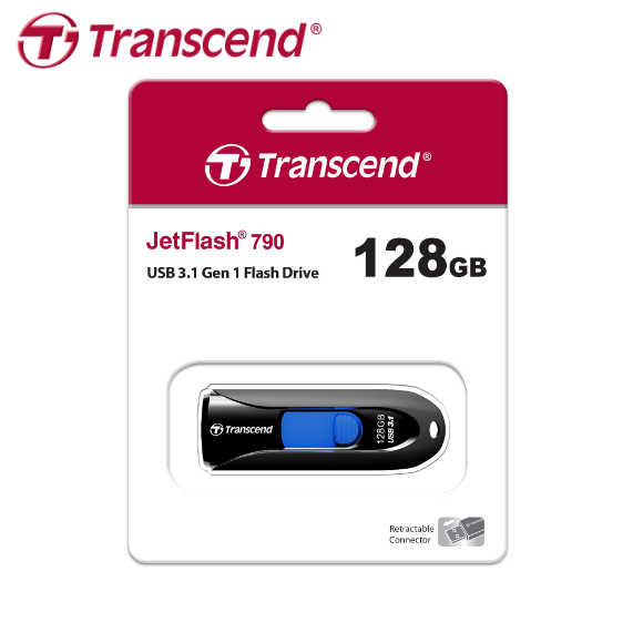 Transcend 創見 JetFlash 790 USB3.0 伸縮接頭 隨身碟 黑色 128GB