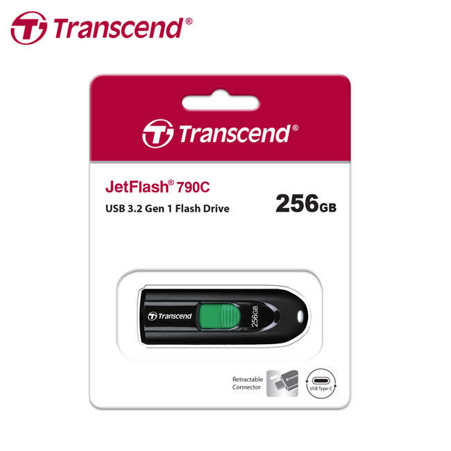 Transcend 創見 JetFlash 790 USB3.2 伸縮接頭 TypeC 隨身碟 黑色 256GB