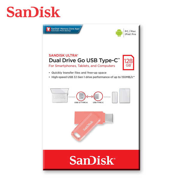 SanDisk Ultra GO 蜜桃橘 TYPE-C USB 3.1 高速雙用 OTG 旋轉隨身碟 手機適用 128G