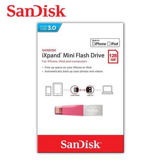 SANDISK 128G iXpand mini OTG 隨身碟 iPhone / iPad 適用 儲存裝置 粉色款
