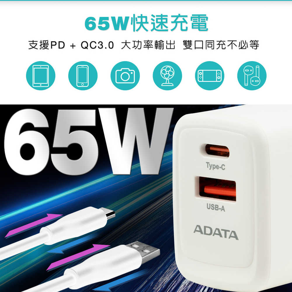 ADATA 威剛 65W GaN氮化鎵 USB-A/USB-C 雙孔快充 充電器 JT-G65Q 充電頭